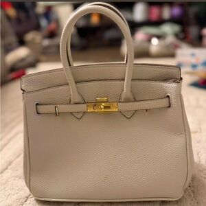 Cream Structured Top-Handle Satchel with Gold Hardware